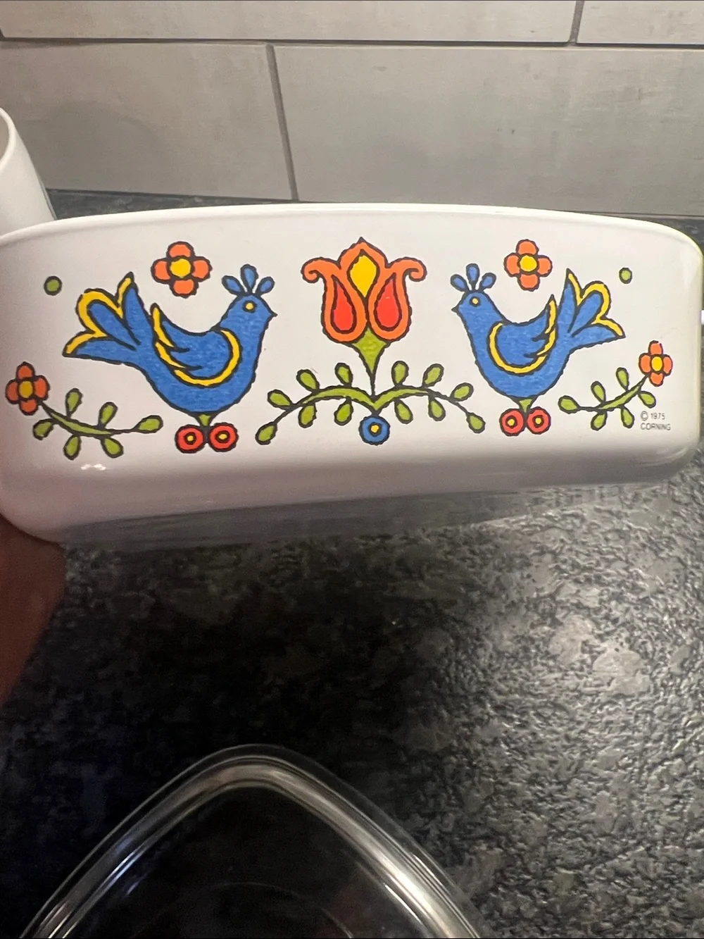 1975 1qt CorningWare Country Festival Casserole Dish Blue Floral Bird Pattern